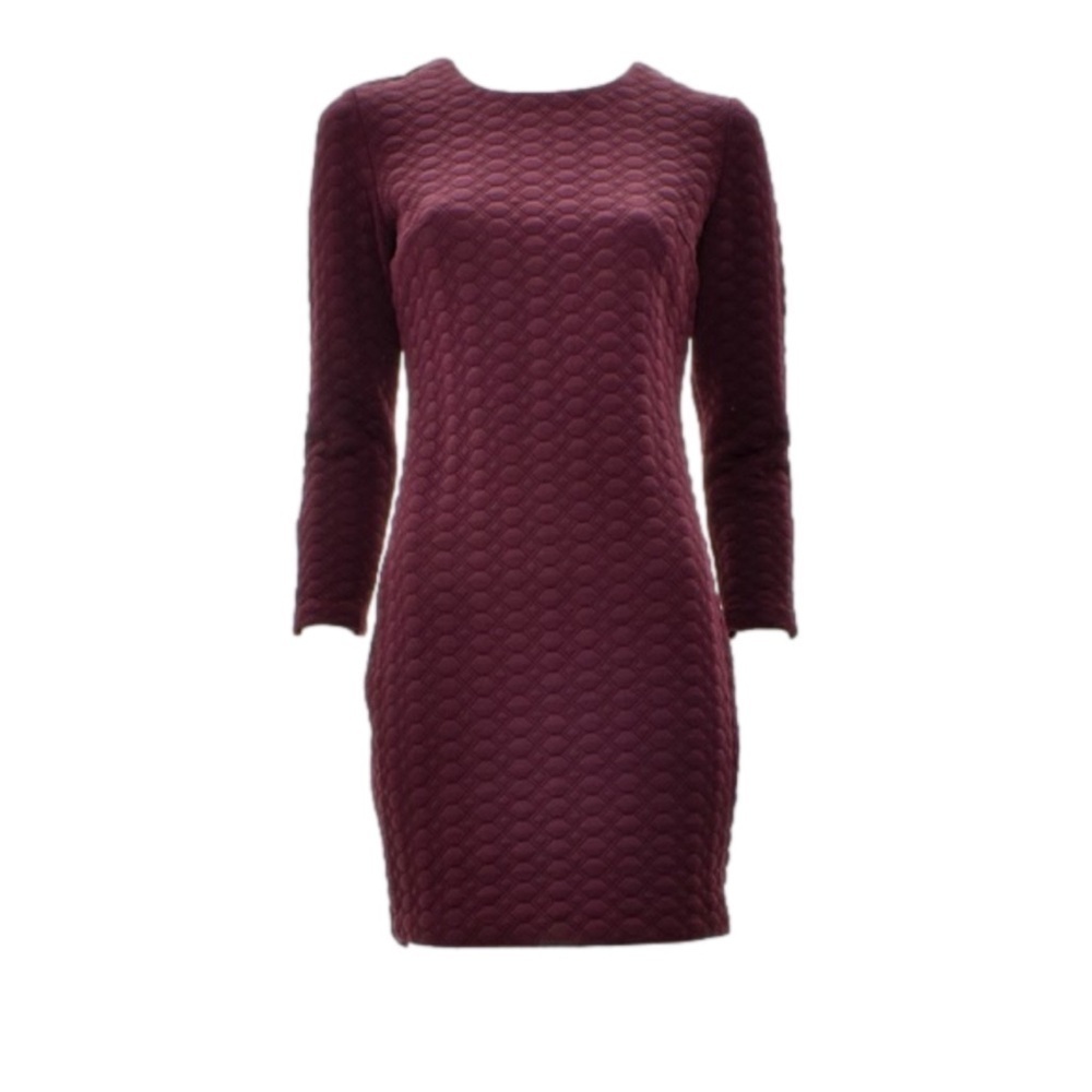 Dynamite Burgundy Quilted Mini Dress Gold Back Zippers 3/4 Length Zip Sleeves